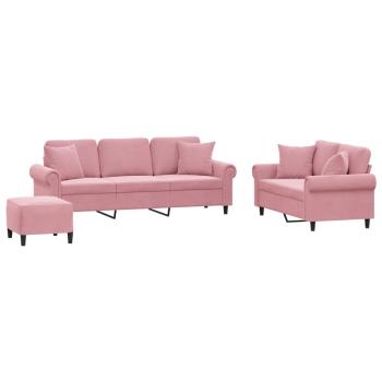 3-tlg. Sofagarnitur mit Kissen Rosa Samt