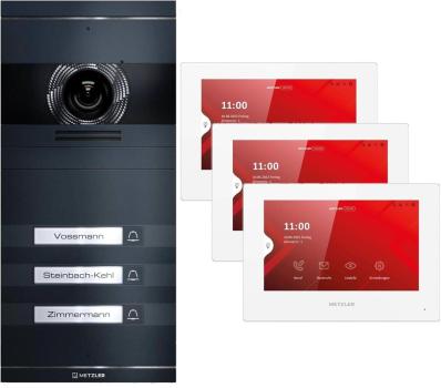 ARDEBO.de Metzler VDM10 2.0 Video Türsprechanlage Komplettset, mit HD-Kamera für 3 Familienhaus, mit austauschbarem Namensschild, LAN/POE, App, Anthrazit, V2A Edelstahl (VDM10-NEO-SET-POE-3T-AN)