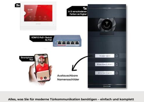 Metzler VDM10 2.0 Video Türsprechanlage Komplettset, mit HD-Kamera für 3 Familienhaus, mit austauschbarem Namensschild, LAN/POE, App, Anthrazit, V2A Edelstahl (VDM10-NEO-SET-POE-3T-AN)