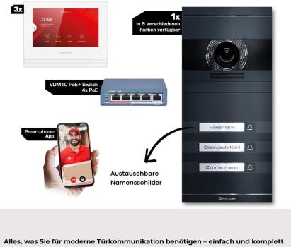 Metzler VDM10 2.0 Video Türsprechanlage Komplettset, mit HD-Kamera für 3 Familienhaus, mit austauschbarem Namensschild, LAN/POE, App, Anthrazit, V2A Edelstahl (VDM10-NEO-SET-POE-3T-AN)