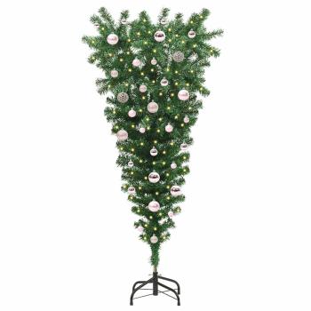 Auf den Kopf gestellter künstlicher vorgetesteter Weihnachtsbaum mit Kugelsatz