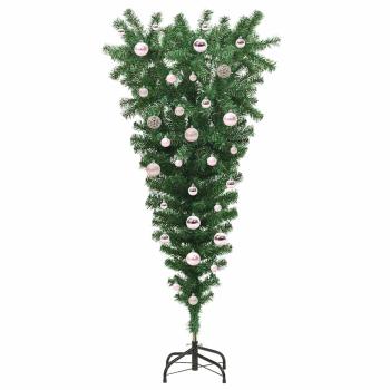 Auf den Kopf gestellter künstlicher vorgetesteter Weihnachtsbaum mit Kugelsatz