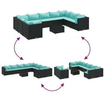 10-tlg. Garten-Sofagarnitur mit Kissen Schwarz Poly Rattan