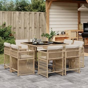 ARDEBO.de - 9-tlg. Garten-Essgruppe mit Kissen Beige Poly Rattan