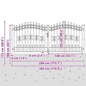 Zauntor mit Speer-Top mit Schloss Grau 305 x 125 cm Stahl