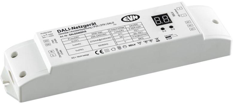 ARDEBO.de EVN DALI Dimmer-Empfänger inkl. Netzgerät, 200-240V/AC, Output: 2,08A - 24V/DC, 0,1-50W (DALD24050VS)