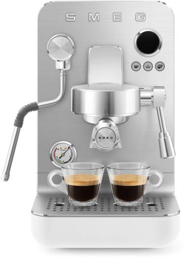 Smeg EMC02WHMEU Espresso-Kaffeemaschine Minipro, 1700 W, Dreifacher Thermoblock, LCD-Display, Timer Bezugszeit, Siebträger Ø58 mm, weiß