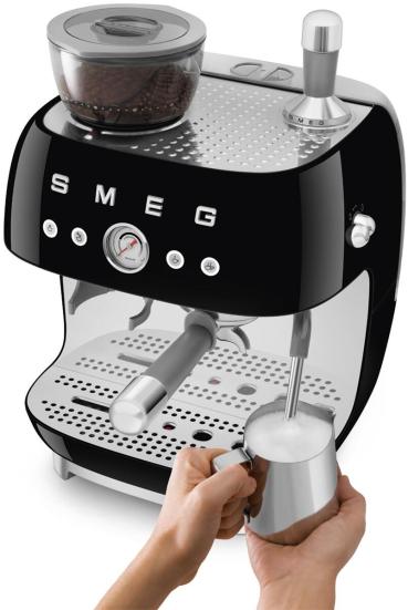 Smeg EGF03BLEU 50"s Style Siebträgermaschine, integrierter Kaffeemühle, 1650 W, 20 bar Brühdruck, 15 bar Dampfdruck, 4 Brühfunktionen, schwarz