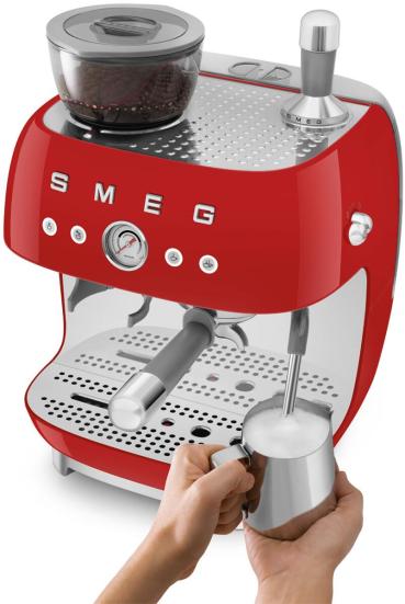 Smeg EGF03RDEU 50"s Style Siebträgermaschine, integrierter Kaffeemühle, 1650 W, 20 bar Brühdruck, 15 bar Dampfdruck, 4 Brühfunktionen, rot