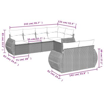 7-teiliges Gartensofa-Set mit Kissen, schwarzes Polyrattan