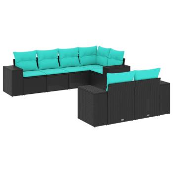 7-teiliges Gartensofa-Set mit Kissen, schwarzes Polyrattan