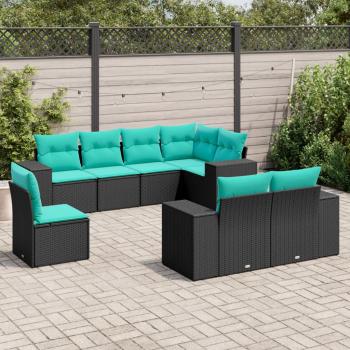 ARDEBO.de - 8-teiliges Gartensofa-Set mit Kissen, schwarzes Polyrattan