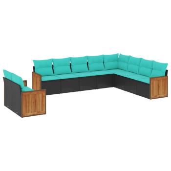 10-teiliges Gartensofa-Set mit Kissen, schwarzes Polyrattan
