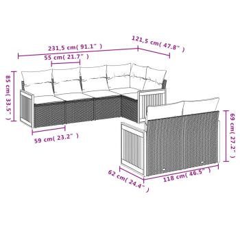 7-teiliges Gartensofa-Set mit Kissen, schwarzes Polyrattan