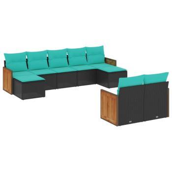 9-teiliges Gartensofa-Set mit Kissen, schwarzes Polyrattan