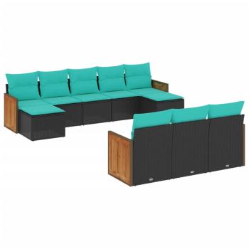 10-teiliges Gartensofa-Set mit Kissen, schwarzes Polyrattan