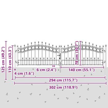 Zauntor mit Speer-Top mit Schloss Grau 305 x 75 cm Stahl