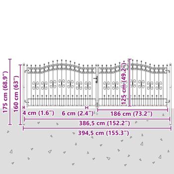 Zauntor mit Speer-Top mit Schloss Grau 404 x 125 cm Stahl