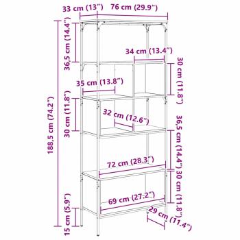 Bücherregal Schwarz Eichen-Optik 76 x 33 x 188,5 cm