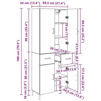 Hochboard Schwarz Eichen-Optik 69,5 x 34 x 180 cm Holzwerkstoff
