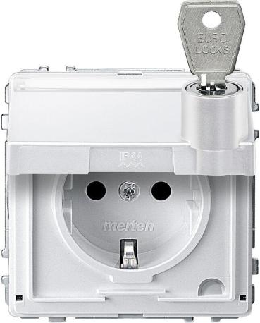 ARDEBO.de Merten MEG2317-7219 SCHUKO-Steckdose mit Klappdeckel und Schriftfeld, Aquadesign, abschließbar mit 10 gleichen Schließungen, Berührungsschutz, Steckklemmen, polarweiß