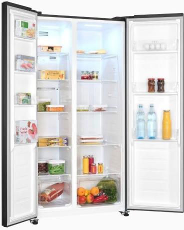 Exquisit SBS46-040E Stand Side-by-Side Kombination, 91 cm breit, 442 L, NoFrost, LED Beleuchtung, Temperaturregelung, Umluftventilator, Schnellkühlen und Schnellgefrieren, inoxlook-az