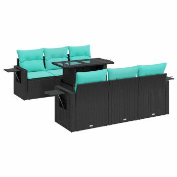 7-tlg. Garten-Sofagarnitur mit Kissen Schwarz Poly Rattan Akazie