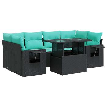7-tlg. Garten-Sofagarnitur mit Kissen Schwarz Poly Rattan Akazie