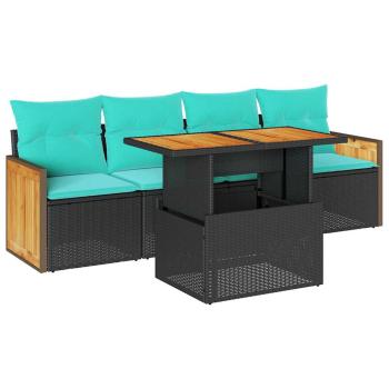 5tlg. Garten-Sofagarnitur mit Kissen Schwarz Poly Rattan Akazie