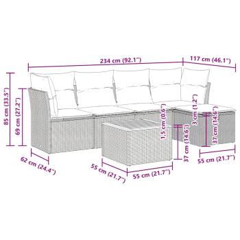 6-tlg. Garten-Sofagarnitur mit Kissen Schwarz Poly Rattan