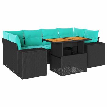 7-tlg. Garten-Sofagarnitur mit Kissen Schwarz Poly Rattan