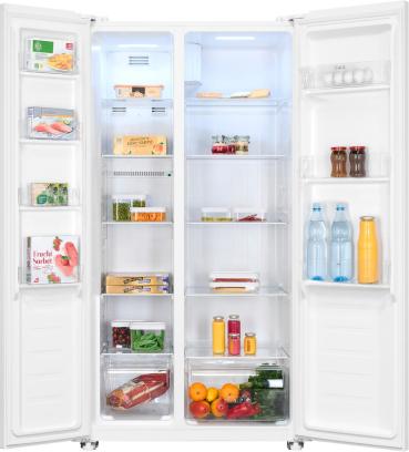 Exquisit SBS46-040E Stand Side-by-Side Kombination, 91 cm breit, 442 L, NoFrost, LED Beleuchtung, Temperaturregelung, Umluftventilator, Schnellkühlen und Schnellgefrieren, weiß