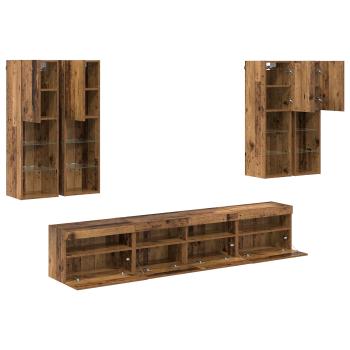 TV-Wandschrank-Set mit LED-Lichtern Wandmontiert 7 pcs Altholz