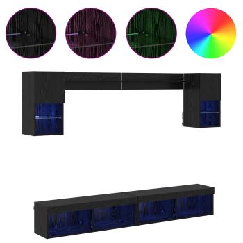 TV Wand Einheiten mit LED 6 pcs Schwarz Eichen-Optik Holzwerkstoff