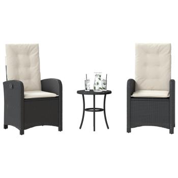 ARDEBO.de - 3-tlg. Bistro-Set mit Kissen Schwarz Poly Rattan
