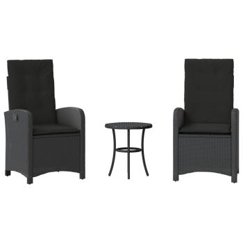 ARDEBO.de - 3-tlg. Bistro-Set mit Kissen Schwarz Poly Rattan