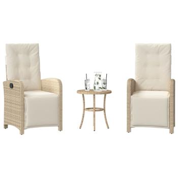 ARDEBO.de - 3-tlg. Bistro-Set mit Kissen Beige Poly Rattan