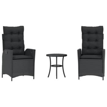 3-tlg. Bistro-Set mit Kissen Schwarz Poly Rattan