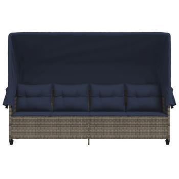 Sonnenliege mit Dach und Kissen Grau Poly Rattan