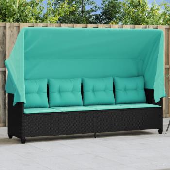 ARDEBO.de - Sonnenliege mit Dach und Kissen Schwarz Poly Rattan