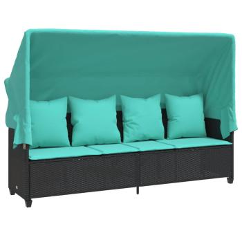 Sonnenliege mit Dach und Kissen Schwarz Poly Rattan