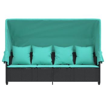 Sonnenliege mit Dach und Kissen Schwarz Poly Rattan