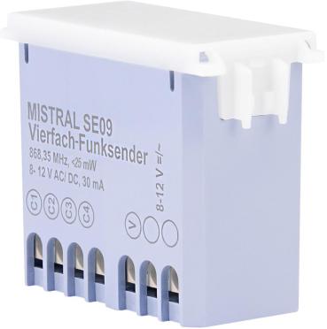 ARDEBO.de Grothe Vierfach-Funksender, Reichweite 500m, 868.35MHz, inkl. 2 Batterien 1,5V (AAA), Rufweiterschaltung, wasserdicht IP54, 36x100x17mm, weiß (MISTRAL SE09)
