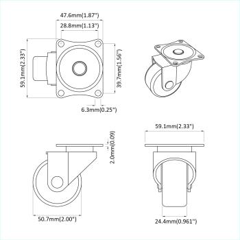Drehrolle 2 pcs Silber 60 x 60 x 50 mm Eisen und Nylon