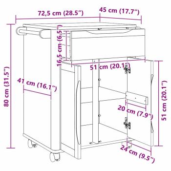 Küchentrolley Weiß 72,5 x 45 x 80 cm Massivholz Kiefer