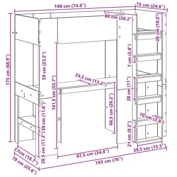 Etagenbettgestell mit Schreibtisch Beton Grau 100 x 200 cm