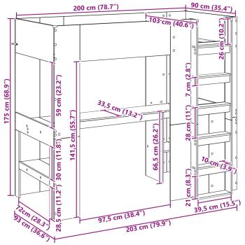 Etagenbettgestell mit Schreibtisch Beton Grau 100 x 200 cm