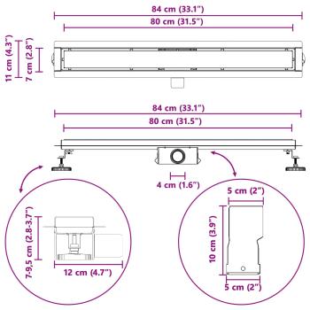 Duschabfluss mit Glasabdeckung Schwarz 80 cm Edelstahl 304