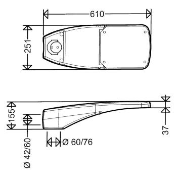 Schuch 480010703 LED-Mastleuchte, 9W, 35W, 1120lm, 4800lm, 124lm/W, 137lm/W, SKII, IP66, asymmetrisch-breitstrahlend, grau