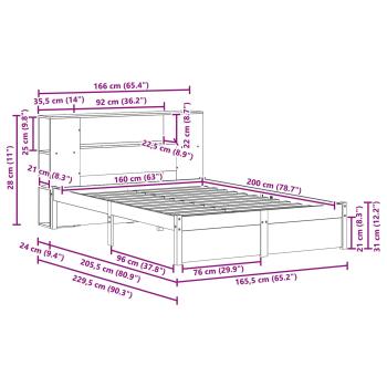 Bücherregal Bettgestell mit Kopfteil Wachsbraun 160 x 200 cm